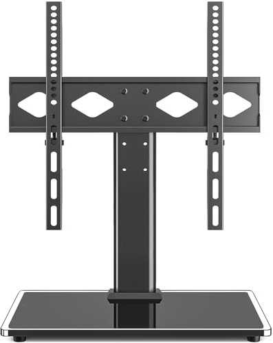 Rfiver Universal Table Top TV Stand TV Base Replacement for Most 27-60 Inch LCD LED Flat Curved Screen TVs Holds up to 88lbs, Height Adjustable TV Mount Stand with Tempered Glass Base, VESA 400x400mm