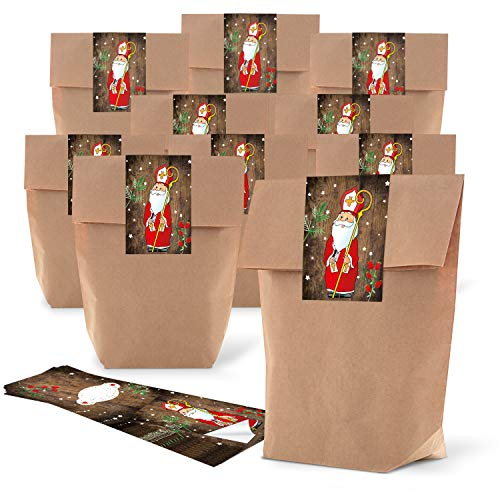 10 piccoli marrone naturale Sacchetti di carta kraft naturale 19 x 29,5 x 7,5 cm + 10 adesivi Sant' Babbo Natale Santa Rosso Bianco Natale Regalo di Natale Confezione Bio Sacchetti Bustine