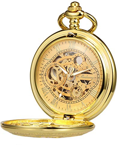 TREEWETO Taschenuhr mit Kette Herren Analog Handaufzug Doppelscharnier Antik Zahnrad Römische Ziffern Schwarz