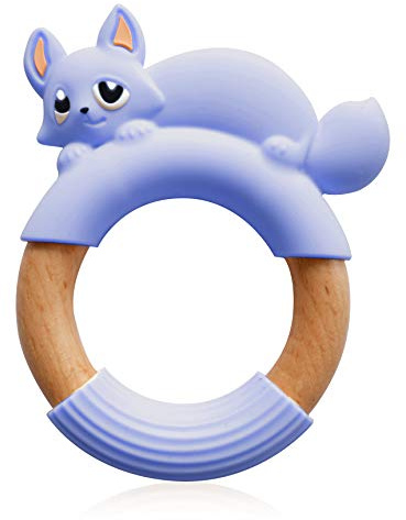 MilkMama Baby Teether Teething Toy Fox Ring, Natural Safe Beech Wood and BPA Free Wood Grade Silicone, Toddler Teething Relief Soother (Cornflower Blue)