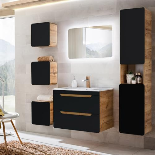 Ensemble de meubles de salle de bain en anthracite satiné avec chêne Wotan Nb. NEW-Luton avec lavabo en céramique de 81 cm et miroir LED, L/H/P env. 180/200/46 cm