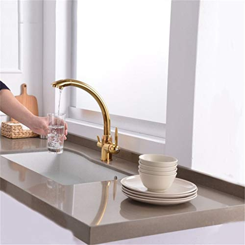 YAWEDA Gold/Brushed Nickel Kitchen Faucets 360 Degree Rotation with Water Mixer Dual Filter Crane Double Handle Tri Flow 3 Way Water Filter Tap Drinking Water,Golden