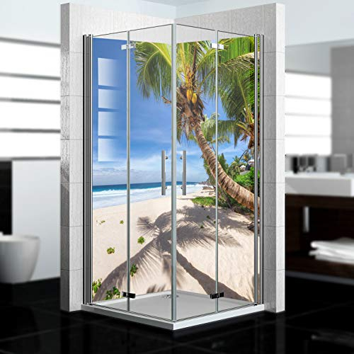 dedeco Panel de ducha esquinero resistente al agua con diseño de playa V1 – 2 x 90 x 200 cm – como pared trasera de baño para reemplazar azulejos, como pared decorativa, revestimiento de pared y plato