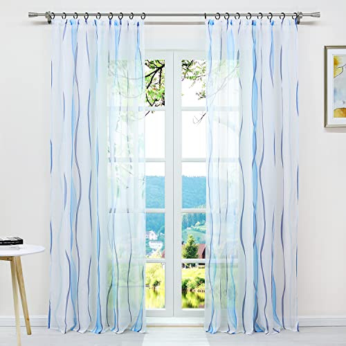 ESLIR Gardinen mit Kräuselband Vorhänge Gardinenschals Voile Blau 140x145 | Transparent, Fensterschal, 1 Stück, Schlaufenschal, Fenstergardinen, Wohnzimmer, Fenster innen, Wellen Muster, modern