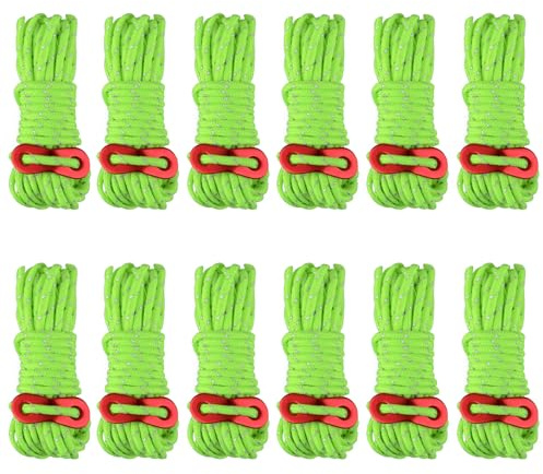TRIWONDER Reflektierende Abspannseile mit Seilspanner 4m, Φ 4mm Nylonschnur Paracordseil für Zelt, Zeltplane, Camping (Fluoreszierendes Grün - 12 Stück)