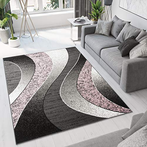 TAPISO Dream Area Rug Living Room Bedroom Short Pile Modern Dark Grey Light Pink Waves Durable Carpet Size - 120 x 170 cm (3ft11 x 5ft7)