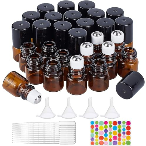 BENECREAT 30-pack 1 ml bärnstensfärgad glasrullflaska med svart lock mini eterisk oljerulle på flaska med 4 st hoppare, 1 st öppnare, 10 st droppers och 1 ark etikett för aromaterap, eterisk olja