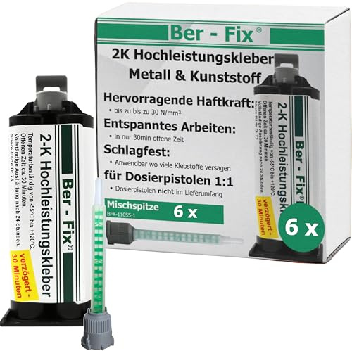 Ber-Fix Hochleistungskleber 2K MMA 30 Min 6x50g + 6 Düsen ohne Pistole | Hochleistungskleber 30 Min als 6x50g-Kartusche; passende Dosierpistole erforderlich, aber nicht enthalten.