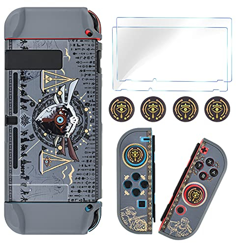 DLseego Schutzhülle kompatibel mit Switch, Hard Hülle Schale Kratzfeste, Stoßfeste Abdeckung Case mit 2 Schutzfolie und 4 Joystick Kappen für Switch Konsole und Joy Con - Grau