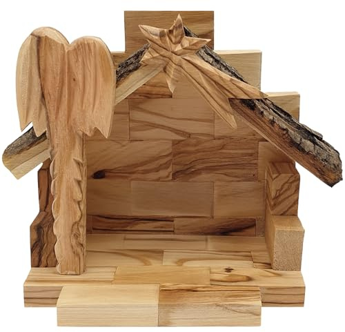 Zuluf Olive Wood Nativity Stable with Natural Bark Roof – Handmade in Bethlehem Holy Land | 4.5x3.6x6 Inch Wooden Manger Crib for Nativity Scene Indoor Christmas Décor – Authentic Olivewood NAT106