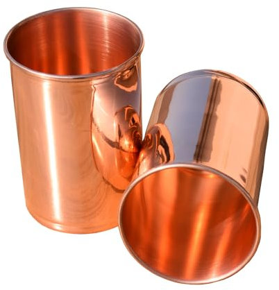 HEALTHANDWEALTH Copper Drinking Cups - Ayurvedic Health Pure Copper Tumblers – 2 pcs. Set - 300 ml (Plain Glass)