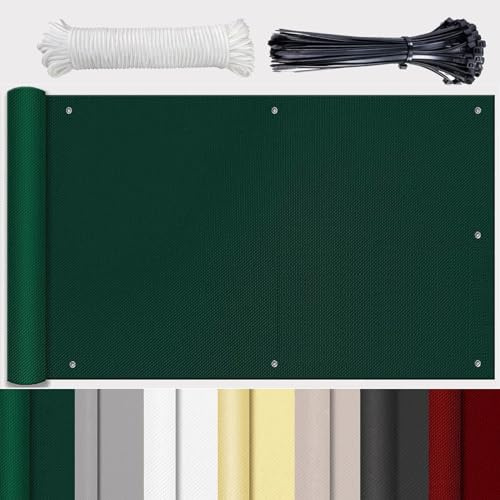 GLIN Balkon Windschutz Ohne Bohren Balkonabdeckun Windschutz Balkonbespannung Blickdichte 100% Privatsphäre für Privatsphäre Terrasse Dunkelgrün 90x450cm