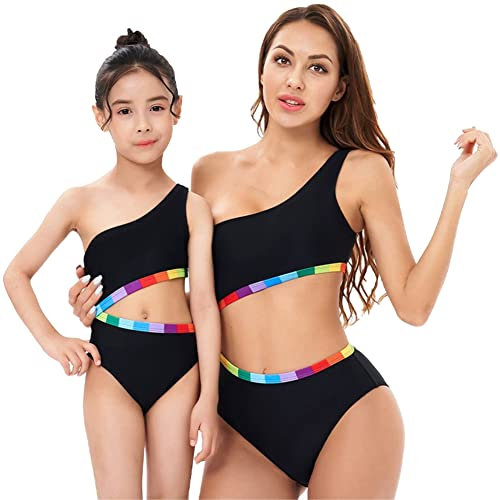 Partnerlook Mutter Tochter Bikini Bdeanzug Mama Tochter 1/2 Stück Rüschen High Waist Verstellbare Träger mit Gepolstert Blumenmuster/Streifen/Leopard Damen Mädchen Bademode #1 Schwarz 5-6 Jahre