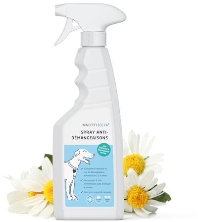 Hundepflege24 Spray Anti demangeaison Chien 500ml - Aide d'urgence immédiate & apaisement Efficace Contre l'inflammation, Les acariens, aoûtats, mycoses & puces - Anti demangeaison pour Chien et Chat