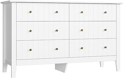 FOREHILL Cassettiera Camera da letto,Mobile Cassettiera in Legno con 6 Cassetti,Credenza a 6 Cassetti con manico in Metallo, Mobiletto con Cassetti per Soggiorno,Cucina 133x45x79,5cm Bianco