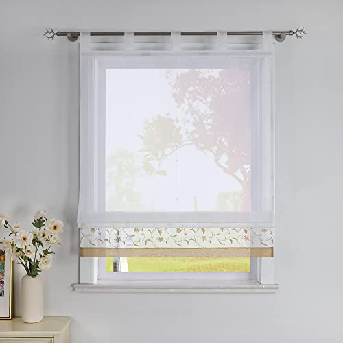SCHOAL Raffrollo mit Schlaufen Voile Transparente Raffgardine Schlaufenrollo Küche Gardinen Weiß im Landhausstil Wohnzimmer Kinderzimmer 1 Stück BxH 140x150cm Beige