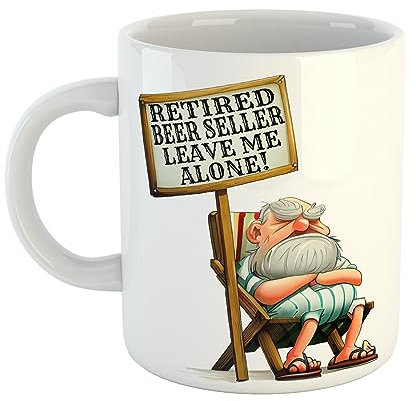Just The Shirt Grumpy Retired Beer Seller Leave Me Alone Mug, Old Man on Deckchair Holding Sign, 11 oz Ceramic Mug