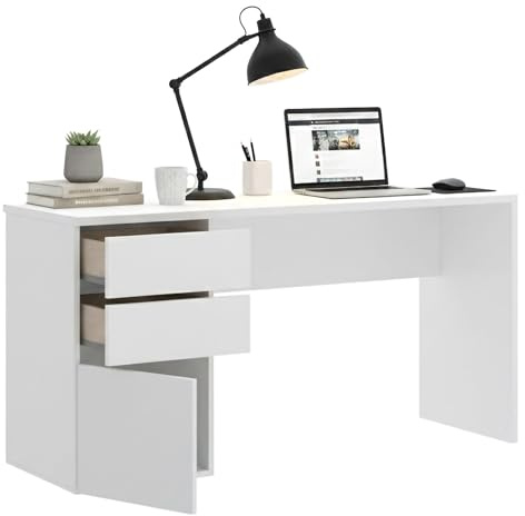 Dmora - Scrivania Lagoni, Scrittoio multiuso da ufficio o cameretta, Tavolo da studio lineare con 2 cassetti e 1 anta, 139x60h75 cm, Bianco