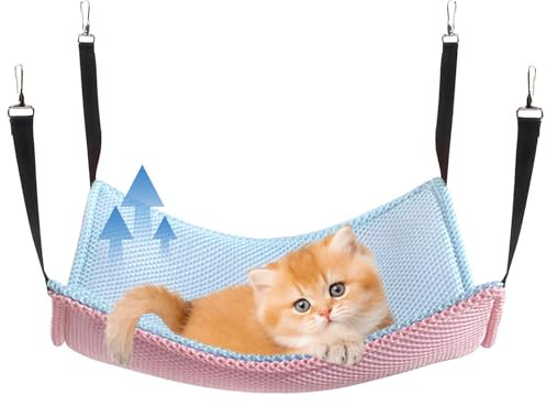 Yanmucy Cat Hammock Beds Breathable Mesh Cat Hanging Hammock Bed Summer Bilayer Pet Cage Hanging Bed for Cats Kittens Rabbits, 53x35CM (pink+blue)