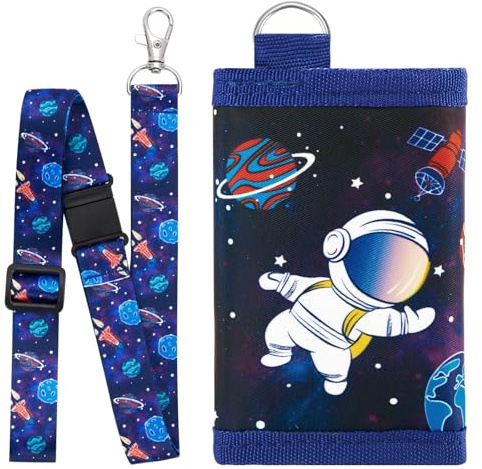 WAWSAM Brustbeutel Kinder, Weltraum Dreifach Gefaltete Geldbörse mit Schlüsselanhänger, Portemonnaie zum Umhängen Geschenk für Jungen