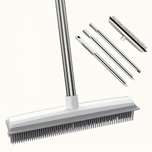 Pet Hair Remover Rubber Broom Original Indoor and Heavy Duty Outdoor Set with Carpet Rake and Squeegee (White)