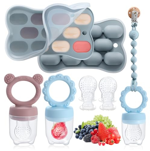 Fruchtsauger Baby ab 3 4 5 6+ Monate, 2 Stück Baby Obst Nahrung Futterautomat & MBabynahrungs-Aufbewahrungsbehälter & Schnullerkette & 6 Silikon Sauger in 3 Größen, Obst Schnuller Baby