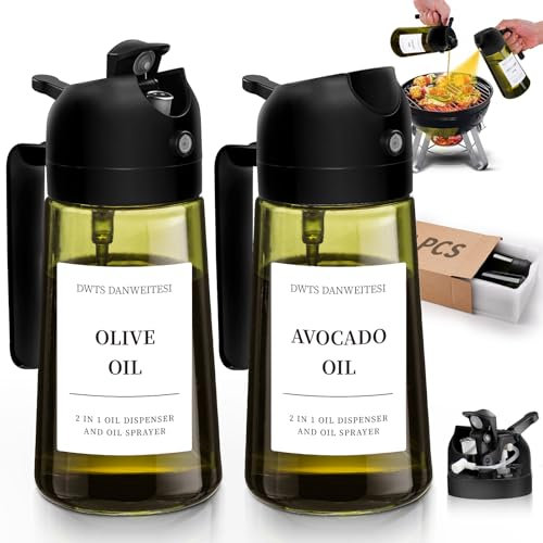 DWTS DANWEITESI Oil Sprayer for Cooking 2pcs,2 in 1 Oil Dispenser and Oil Sprayer Kitchen Gadgets,16oz Dark Green Glass Oil Spray Bottle(Light Blockage),Perfect Kitchen Accessories
