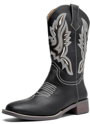 PPXID Cowboy Western Bottes pour Femme Bottes mi-Mollet a Enfiler Mode Confort Bout Rond Brodé Classique -Noir 41