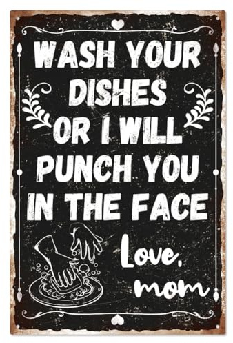 WADORN Funny Sarcastic Metal Tin Sign, Wash Your Dishes Or I Will Punch You In The Face Funny Metal Signs Kitchen Painting Wall Art Poster Plaques Decor for Home Bar Cafe Kitchen Decor, 7.8x11.8 Inch