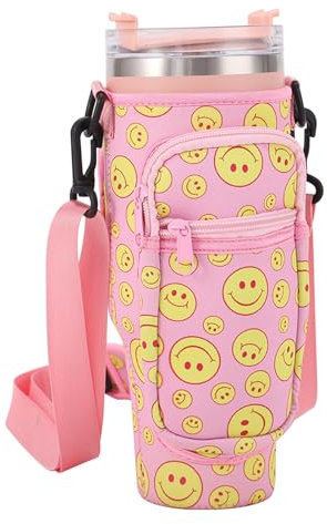 GmwyCzV Bolsa Botella Agua Stanley Cup de 40 oz, con Bolsillo Teléfono Móvil et Correa Ajustable, Bolsa Transporte Stanley Cup 40 oz, Accesorios Stanley Cup, para Viajes, Correr (Sonriente Rosa)