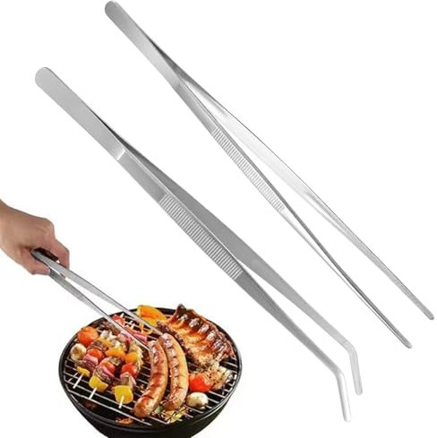2 Stk Küchenpinzette, 30cm Kochpinzette aus Edelstahl, Gebogene Pinzette, Bratzange Fleischzange, Professionelle Lange Kochpinzette für BBQ, Meeresfrüchte, Beschichten und Servieren