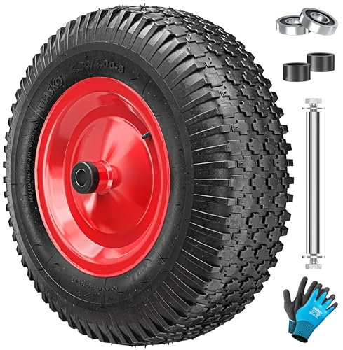 MASKO® Schubkarrenrad Luftbereifung 250kg Ersatzrad Luftreifen Schubkarre Gartenkarre 40cm / 15,6 extrabreit 9,5cm Luft-Rad pannensicherer Reifen mit Stahlfelge & Handschuhe Karbonstahl-Kugellager