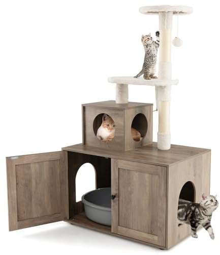 GYMAX 2-in-1 Kratzbaum 132 cm, multifunktionaler Katzenbaum mit Katzentoilette, Katzenschrank mit Katzenhaus, Kletterbaum, Katzenkratzbaum mit Plattform, Sisal-Kratzpfosten & hängendem Ball (Grau)