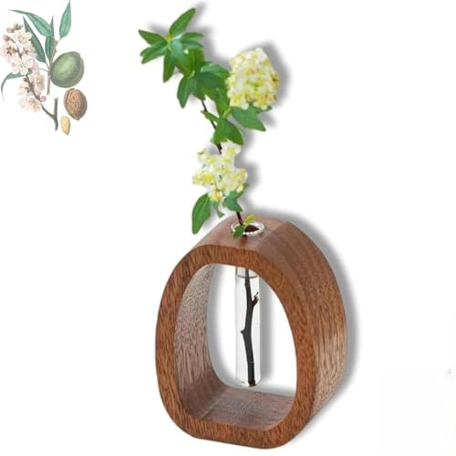 Vaso da fiori in legno di noce e vetro, vaso in vetro in legno massello, provetta trasparente, piccoli vasi per fiori, cornice in noce, ornamento idroponico per scrivania per casa e ufficio (piccolo)