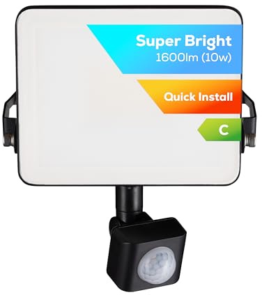 TCP 10W LED Security Floodlight w PIR Sensor, Outdoor, Bright 1600lm, Cool White 4000K, IP44 Waterproof, Easy Install Long Adjustable Bracket, Easy Push Connector, Enery Class C, No Plug Garage Garden