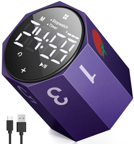 Temporizador de Enfoque de Escritorio, Temporizador Pomodoro de Productividad de Metal Esmerilado, Pantalla LED Digital Grande de 1.8 con Rotación Automática, para Oficina, Estudio y Trabajo, Morado