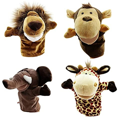 SunaOmni Handpuppen-Set, Plüsch, Elefant, Giraffe, Löwe, AFFE, Fingerpuppen, Puppenspielzeug für Kinder, 4 Stück, Fingerpuppen, Tierhandpuppe, Rollenspiel-Handpuppen, Plüschspielzeug