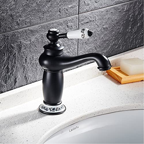 Fridgestea Retro Wasserhahn Bad - Einhebel, Nostalgie Einhebel Waschtischarmatur mit Porzellan Griff, Bad Armatur Auslauf Höhe 13 cm für Waschbecken/Bad/Küche (Schwarz Messing)