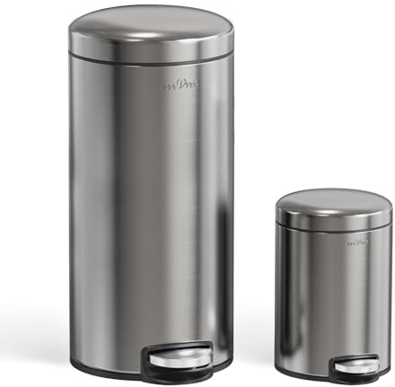 mVm Poubelle de cuisine, poubelle ronde à pédale en acier inoxydable de 5 + 30 litres pour salle de bain, toilettes, poubelle à déchets