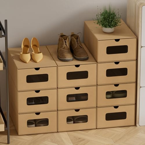 Eikuavons 20x Aufbewahrungsbox in Braun – Stapelbare Schuhbox aus Kraftpapier mit Sichtfenster, Faltbare Schuhkartons für Schuhe, Spielzeug & Zubehör, Belastbar bis 6 kg