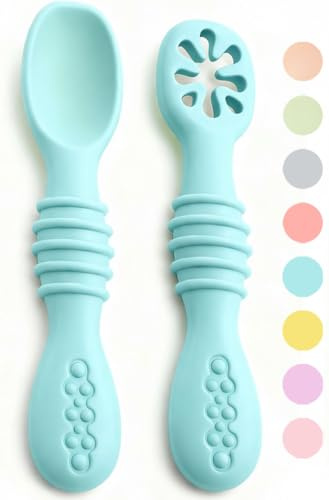 VegMai® Precucchiai per bambini. BLW Learning Spoons, Phase 1 + Phase 2. Raccomandato da nutrizionisti ed esperti di svezzamento. Rivestito in Silicone Antibatterico ed Ergonomico. (ROSA-BUBBLEGUM)