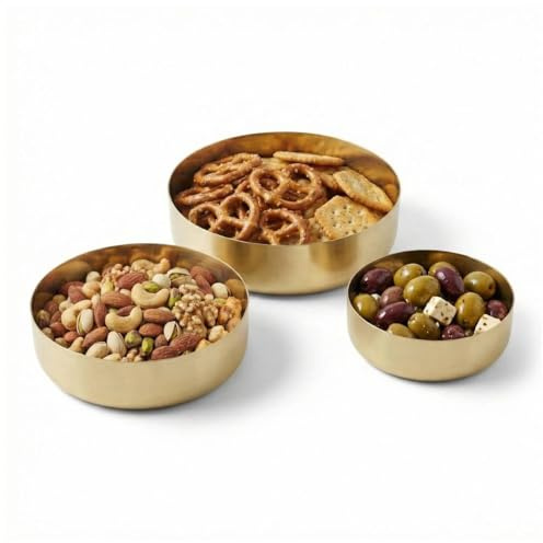 URBNLIVING 3-Piece Gold Metal Bowl Set – Round Decorative Serving Bowls for Snacks, Dips, and Home Décor