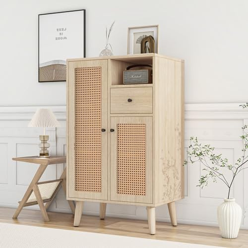 HaoChrymec Aparador de Aspecto de Madera con 2 Puertas de Ratán, Salón, Roble, 60x40x101 cm