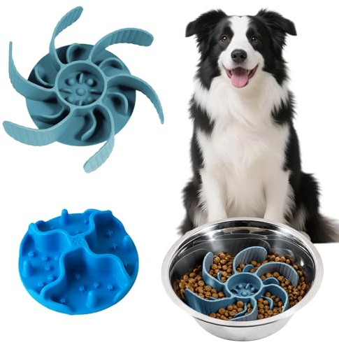 2PCS Slow Feeder Insert for Dog Bowls, Silicone Cuttable Suitable for Small and Large Dog Bowls to Slow Down Eating, Anti-Slip Strong Suction, Compatible with Most Pet Bowls (Grey-Blue & Blue)