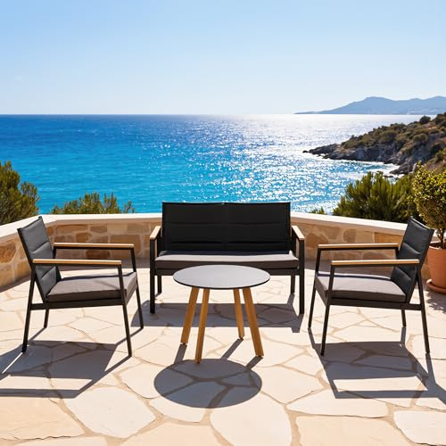 Cybert Salotto da Giardino 4 Pezzi KYOTO – Divano 2 Posti + 2 Poltrone + Tavolino Rotondo 60 cm con Cuscini Grigio Antracite – Struttura Alluminio Nero Braccioli Legno Effetto Teak – Arredo Giardino