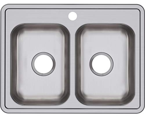 Elkay D225191 Calibro 22 Acciaio Inox 63,5 x 48,3 x 15,9 cm Lavello da cucina a doppia vasca, 1 foro, satinato, 25 x 19 x 6,25