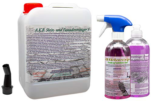 A.K.B. Steinreiniger und Fassadenreiniger S Konzentrat bis 3000m², 0531(5L) Flechtenentferner,Dachreiniger, Grünbelagentferner (bedingt für Farbiges)
