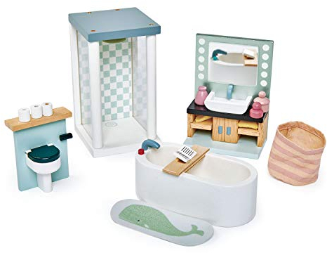 Tender Leaf Toys Dolls House Bathroom Furniture - Wooden Bathroom Suite with Bath, Shower, Toilet and Sink Unit for Dolls 10-12cm Tall