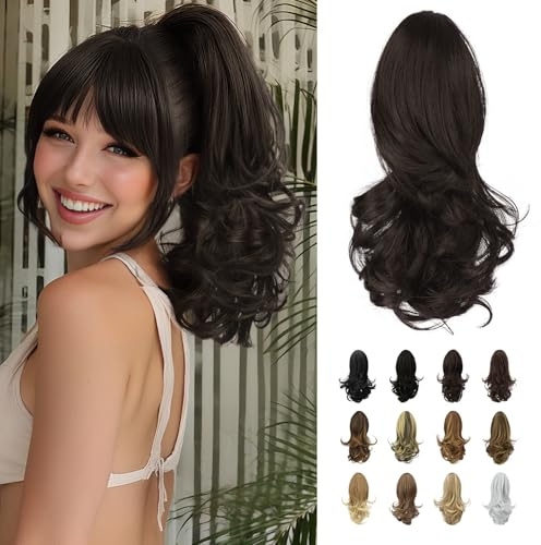 Sofeiyan 33cm Extension de cheval longue pince de queue de cheval bouclée dans l'extension de cheveux de griffe postiche synthétique d'aspect naturel pour les femmes,Brun moyen