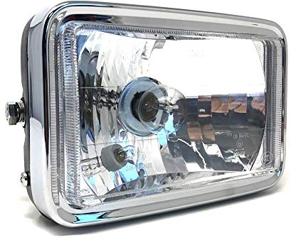 Alchemy Parts Faro delantero rectangular para motocicleta de estilo retro de 12 V en negro brillante | Marcado E/Homologado | Luces altas y bajas con luz lateral